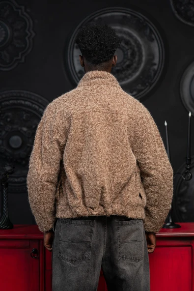 Oversize Crop Model Yan Cepli Astarlı Kırçıllı Mont - Resim 5