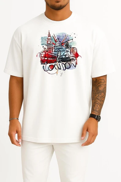 Oversize London - Londra Çizim Göğüs Tasarımlı Unisex T-Shirt ürün görseli 1