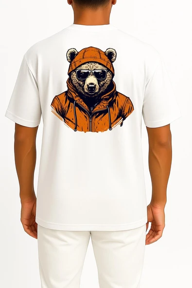 Oversize Kapşonlu Gözlüklü Ayı Sırt Tasarımlı Unisex T-Shirt ürün görseli 1