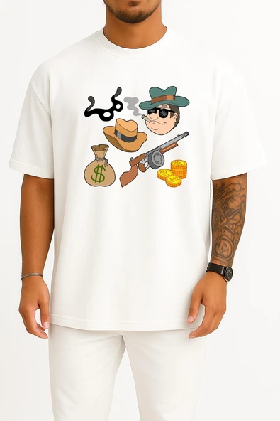 Oversize Gangster Cartoon, Pirate Characters, Cartoon Character Göğüs Tasarımlı Unisex T-Shirt ürün görseli 1