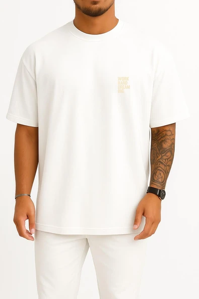 Oversize Çok Çalış Hayaller Büyük Cep ve Sırt Tasarımlı Unisex T-Shirt ürün görseli 1
