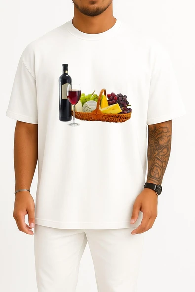 Oversize Şişe Wine Ve Meyve Tabağı Göğüs Tasarımlı Unisex T-Shirt ürün görseli 1