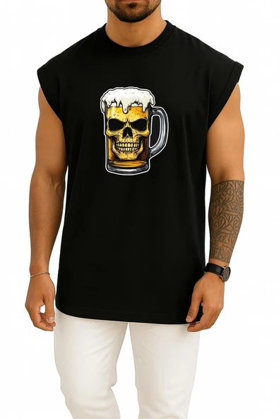 Oversize Foamy Skull Beer Göğüs Baskılı Atlet - Resim 11