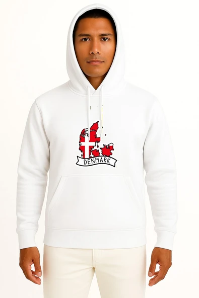 Kapüşonlu Danimarka Haritası Ve Bayrağı Göğüs Baskılı Unisex Sweatshirt ürün görseli 1