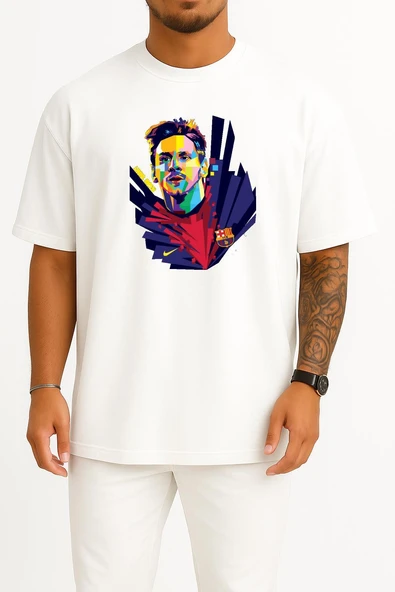 Oversize Lionel Messi Colored Göğüs Tasarımlı Unisex T-Shirt ürün görseli 1