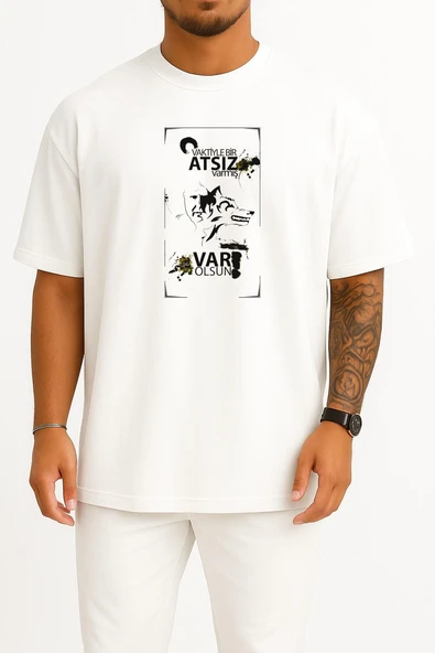 Oversize Vaktiye Bir Atsız Varmış Nihal Atsız Göğüs Tasarımlı Unisex T-Shirt ürün görseli 1