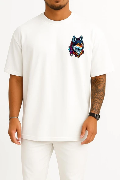 Oversize Wolf Face Logo Mascot Cep Tasarımlı Unisex T-Shirt ürün görseli 1