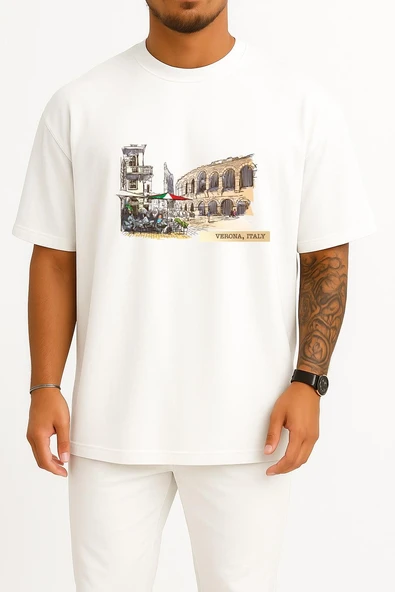 Oversize Verona İtaly Göğüs ve Sırt Tasarımlı Unisex T-Shirt ürün görseli 1
