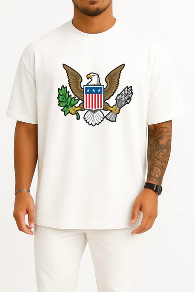 Oversize American Bald Eagle Göğüs Tasarımlı Unisex T-Shirt ürün görseli 1