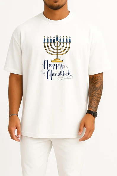 Oversize Happy Hanukka Göğüs Tasarımlı Unisex T-Shirt ürün görseli 1