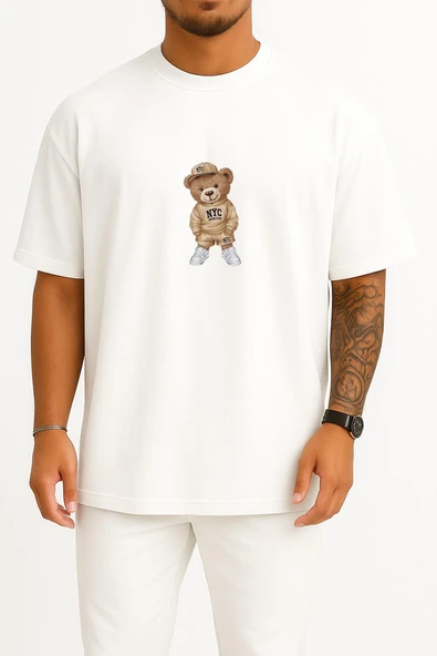 Oversize Pofuduk Cool Teddy Bear Göğüs Tasarımlı Unisex T-Shirt ürün görseli 1
