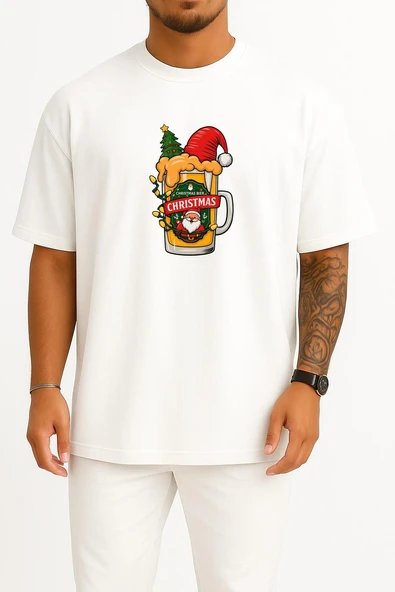 Oversize Yılbaşı Beer Bardak Göğüs Tasarımlı Unisex T-Shirt ürün görseli 1