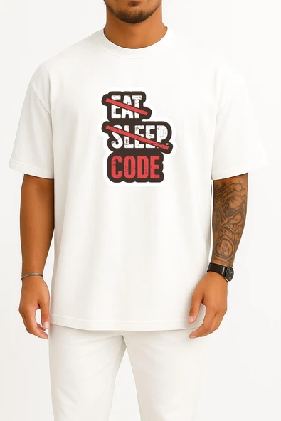 Oversize Yeme Uyuma Sadece Kod Yaz Yazılımcı - Programmer Göğüs Baskılı Unisex T-Shirt ürün görseli 1