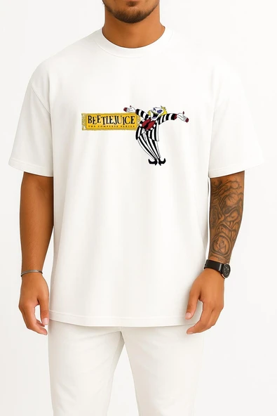 Oversize Beetlejuice Cartoon Television Show Göğüs Tasarımlı Unisex T-Shirt ürün görseli 1