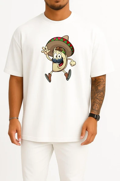 Oversize Taco Mexican Cuisine Cartoon Göğüs Tasarımlı Unisex T-Shirt ürün görseli 1
