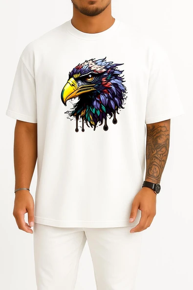 Oversize Illustration Of Eagle Head Göğüs Tasarımlı Unisex T-Shirt ürün görseli 1
