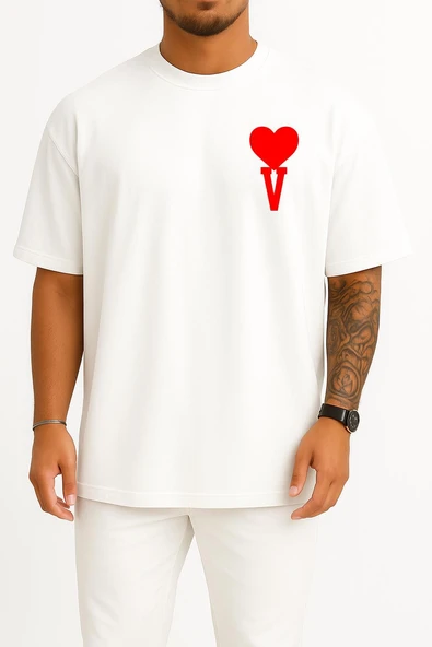 Oversize Kalp Ve V Harfi Cep Tasarımlı Unisex T-Shirt ürün görseli 1