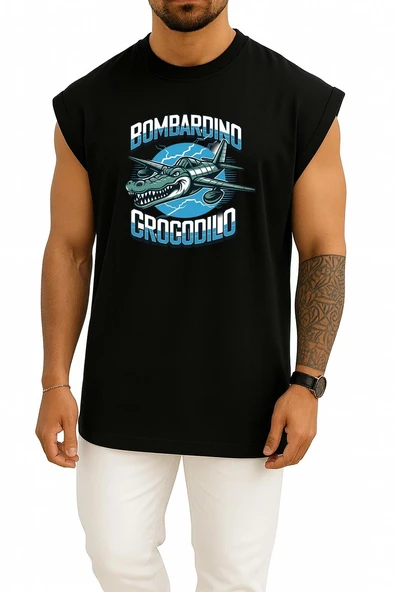 Oversize Bombardino Crocodilo Göğüs Baskılı Atlet - Resim 11