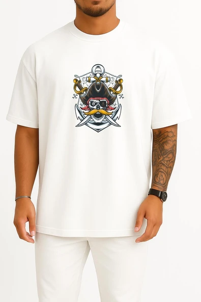 Oversize Mustache Skull Pirate Göğüs ve Sırt Tasarımlı Unisex T-Shirt ürün görseli 1