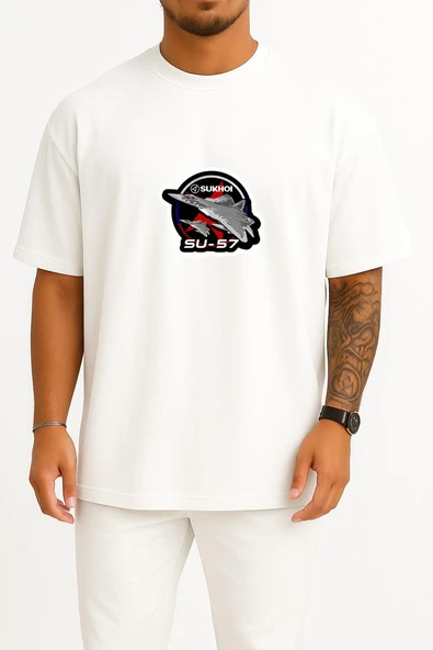 Oversize Sukhoi Su-57 Savaş Uçağı Göğüs Baskılı Unisex T-Shirt ürün görseli 1