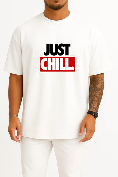 Oversize Just Chill Göğüs Tasarımlı Unisex T-Shirt ürün görseli 1