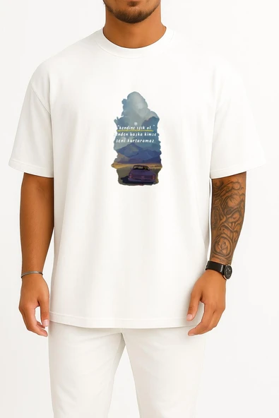 Oversize Senden Başka Kimse Seni Kurtaramaz Göğüs Tasarımlı Unisex T-Shirt ürün görseli 1