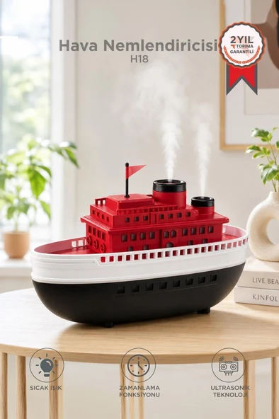 Hava Nemlendiricisi Led Işıklı Aroma Difüzör Boat Tasarım Ultrasonik 300 ML H18 Kırmızı ürün görseli 1