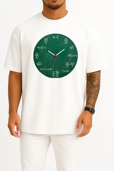 Oversize Matematik Çarpma Bölme Toplama Saati Göğüs Baskılı Unisex T-Shirt ürün görseli 1