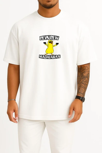 Oversize Pewpew Madafakas Göğüs Tasarımlı Unisex T-Shirt ürün görseli 1