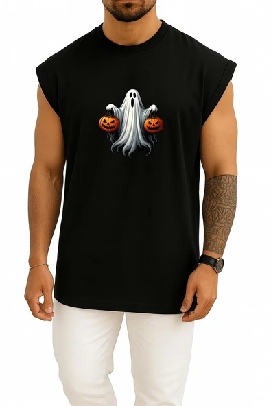 Oversize Hallowen Ve Ghost Göğüs Baskılı Atlet - Resim 9