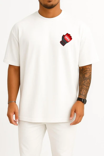 Oversize Mma Box Eldiveni Cep ve Sırt Tasarımlı Unisex T-Shirt ürün görseli 1