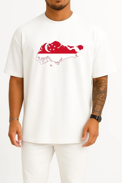 Oversize Singapur Haritası Göğüs Tasarımlı Unisex T-Shirt ürün görseli 1