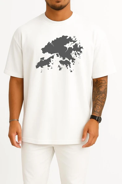 Oversize Hong Kong Haritası Göğüs Tasarımlı Unisex T-Shirt ürün görseli 1