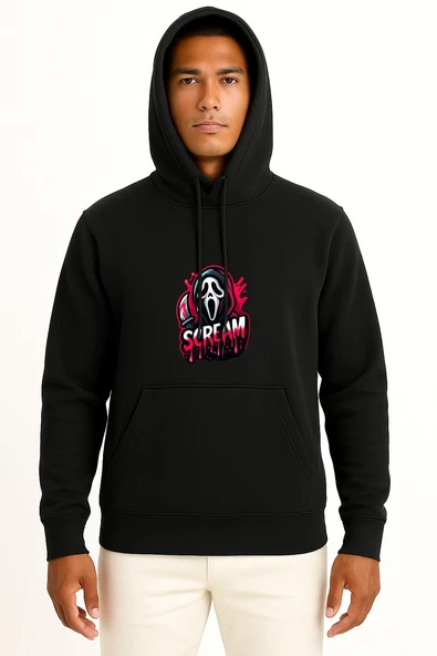 Kapüşonlu Scream Göğüs Baskılı Unisex Sweatshirt - Resim 9