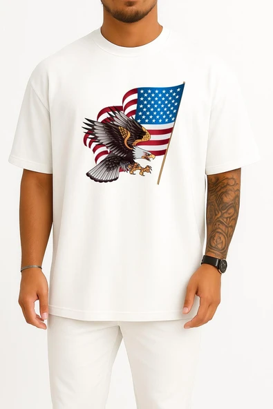 Oversize Flag Of United States And Eagle Göğüs Tasarımlı Unisex T-Shirt ürün görseli 1