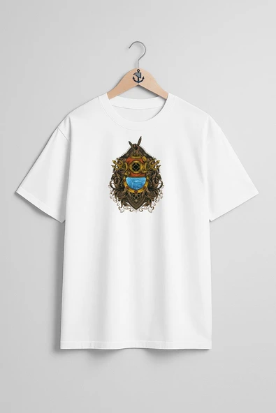Oversize Dalgıç Antique Diving Helmet Göğüs Tasarımlı Unisex T-Shirt ürün görseli 1