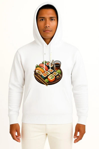 Kapüşonlu Sushi Göğüs Baskılı Unisex Sweatshirt ürün görseli 1