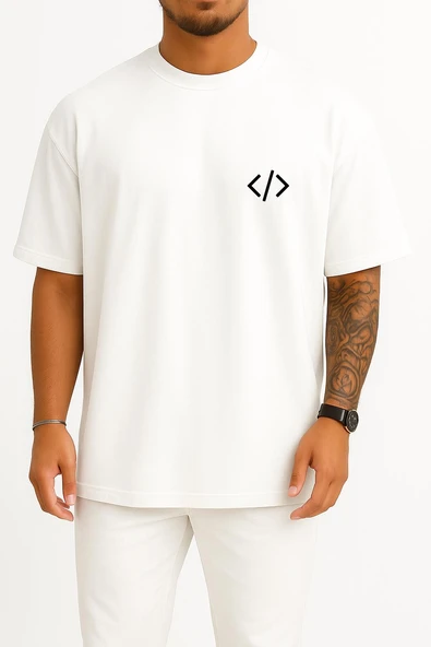 Oversize Kod Sembolü, Kodlama, Programlama Cep Baskılı Unisex T-Shirt ürün görseli 1