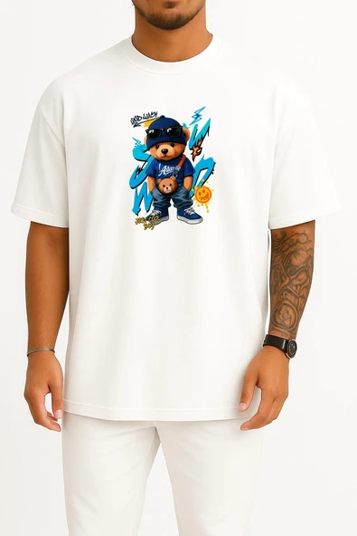 Oversize Teddy Bear Just Cool Boy Göğüs Baskılı Unisex T-Shirt ürün görseli 1