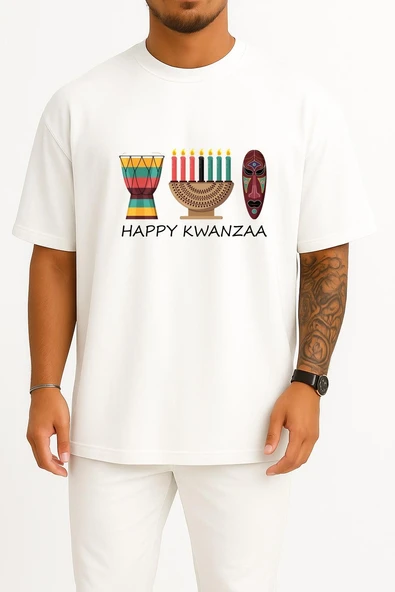 Oversize Happy Kwanzaa Göğüs Tasarımlı Unisex T-Shirt ürün görseli 1