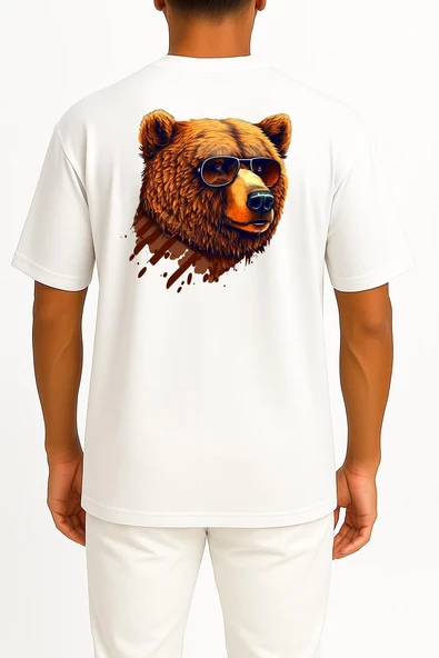 Oversize Gözlüklü Havalı Ayı Portresi Sırt Tasarımlı Unisex T-Shirt ürün görseli 1