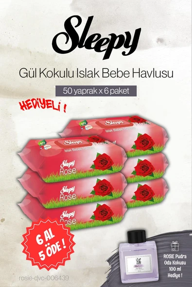 Sleepy 50'li Gül Kokulu Bebe Islak Havlu 6 AL 5 ÖDE, Rosie Pudra Oda Kokusu ürün görseli 1