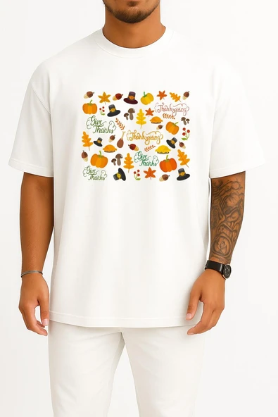 Oversize Thanksgiving Şükran Günü Göğüs Tasarımlı Unisex T-Shirt ürün görseli 1