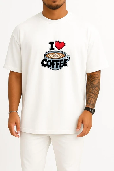 Oversize İ Love Coffee Göğüs Tasarımlı Unisex T-Shirt ürün görseli 1
