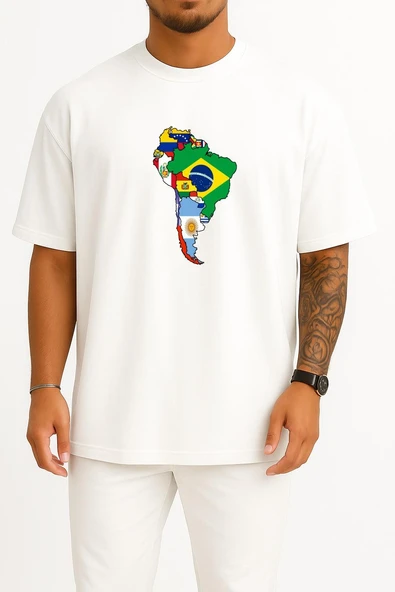 Oversize Güney Amerika Kıtası - South America Göğüs Tasarımlı Unisex T-Shirt ürün görseli 1