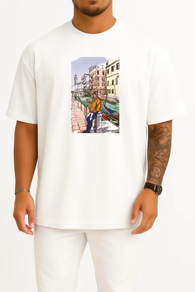Oversize Venice Drawing Art Illustration, Venedik Göğüs Tasarımlı Unisex T-Shirt ürün görseli 1