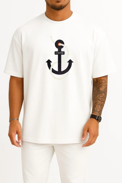 Oversize Home Yazılı Denizci Çıpa Göğüs Tasarımlı Unisex T-Shirt ürün görseli 1