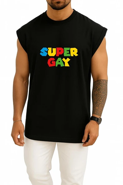 Oversize Super Gay Göğüs Baskılı Atlet - Resim 11