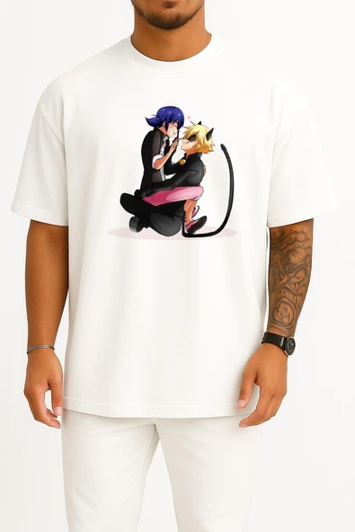 Oversize Adrien Agreste Marinette Dupain Göğüs Tasarımlı Unisex T-Shirt ürün görseli 1