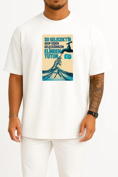 Oversize Su Hayattır - Baraj Su Oranı Göğüs Tasarımlı Unisex T-Shirt ürün görseli 1